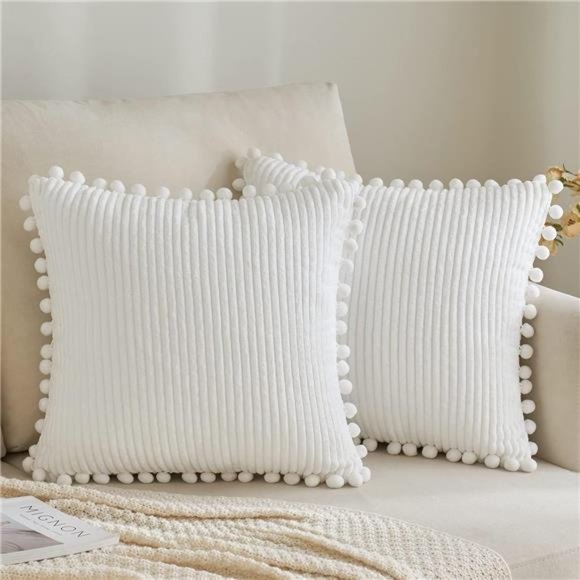 2Pcs Christmas Decorative Throw Pillow Covers with Pom-poms | 18x18 inch | White - Picture 1 of 3